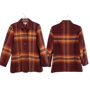 Coldwater Creek Wool Blend Lined Plaid Orange Pale Blue Jacket Blazer Coat Small